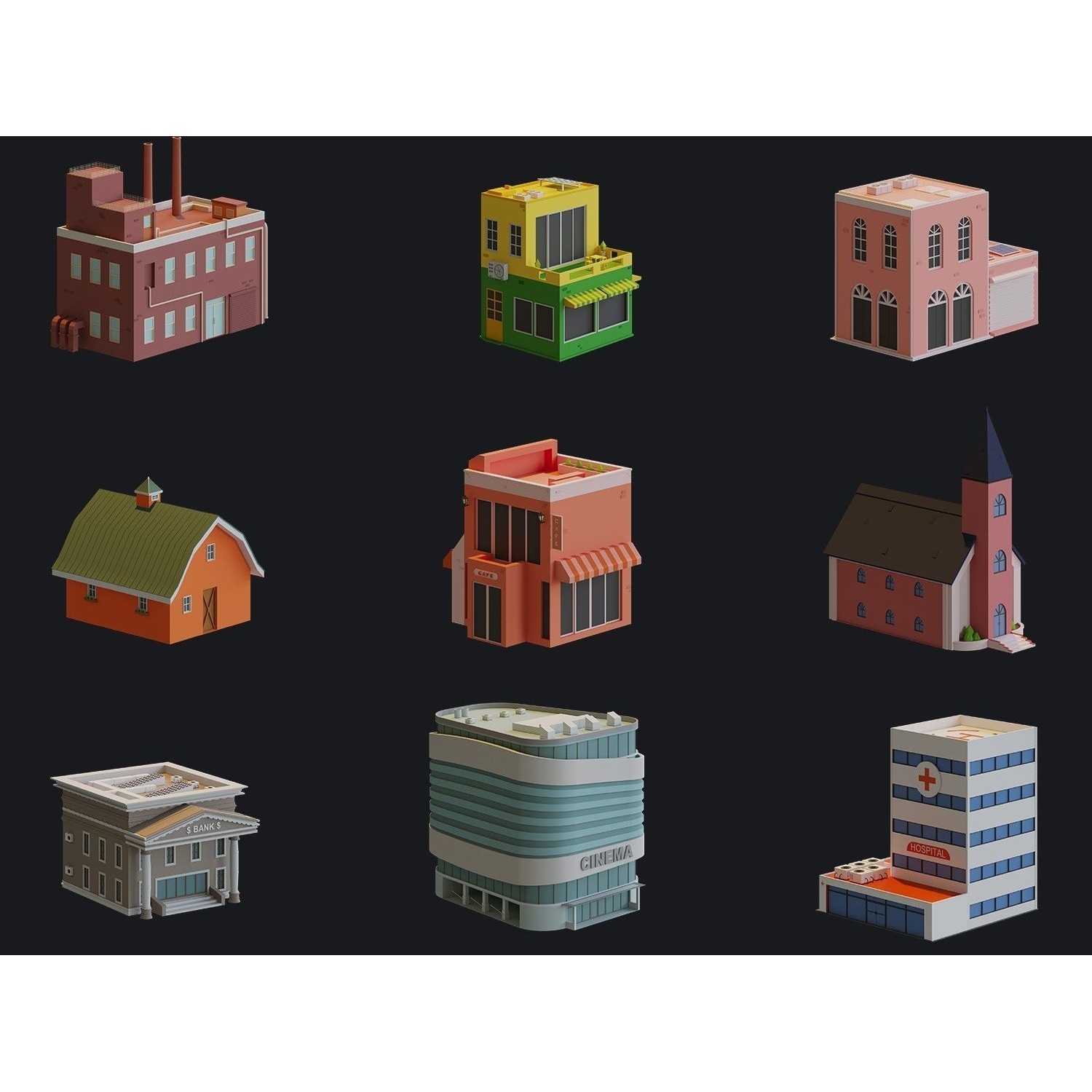 Cartoon Houses and Buildings - Low-Poly Game-Ready 3D Model