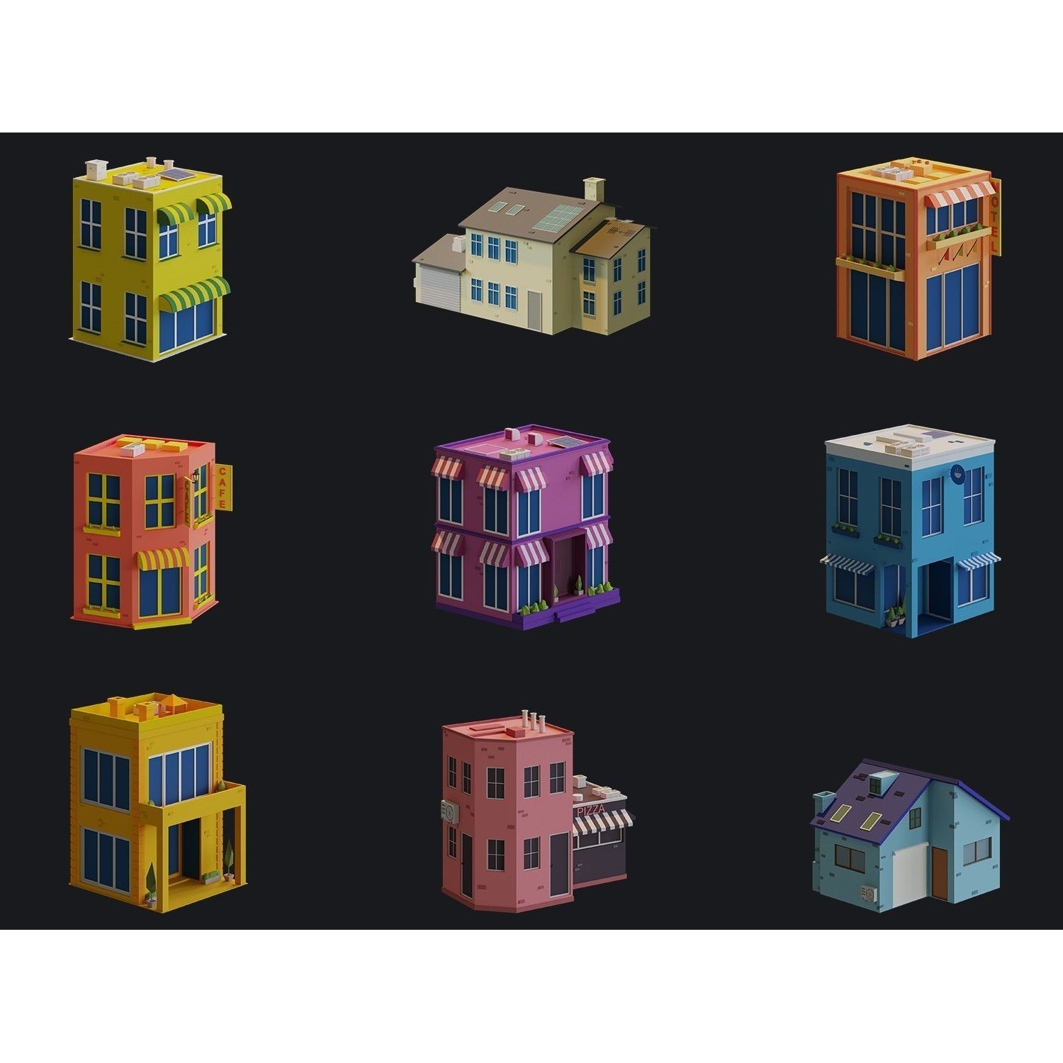 Cartoon Houses and Buildings - Low-Poly Game-Ready 3D Model - View 12
