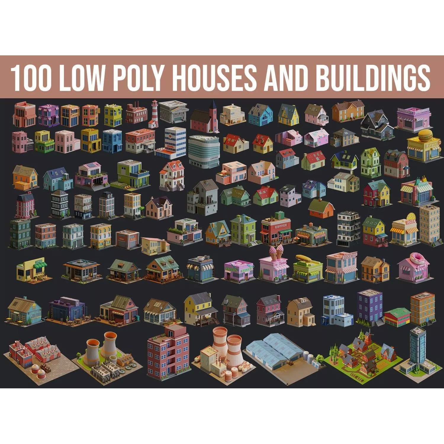 Cartoon Houses and Buildings - Low-Poly Game-Ready 3D Model - View 2