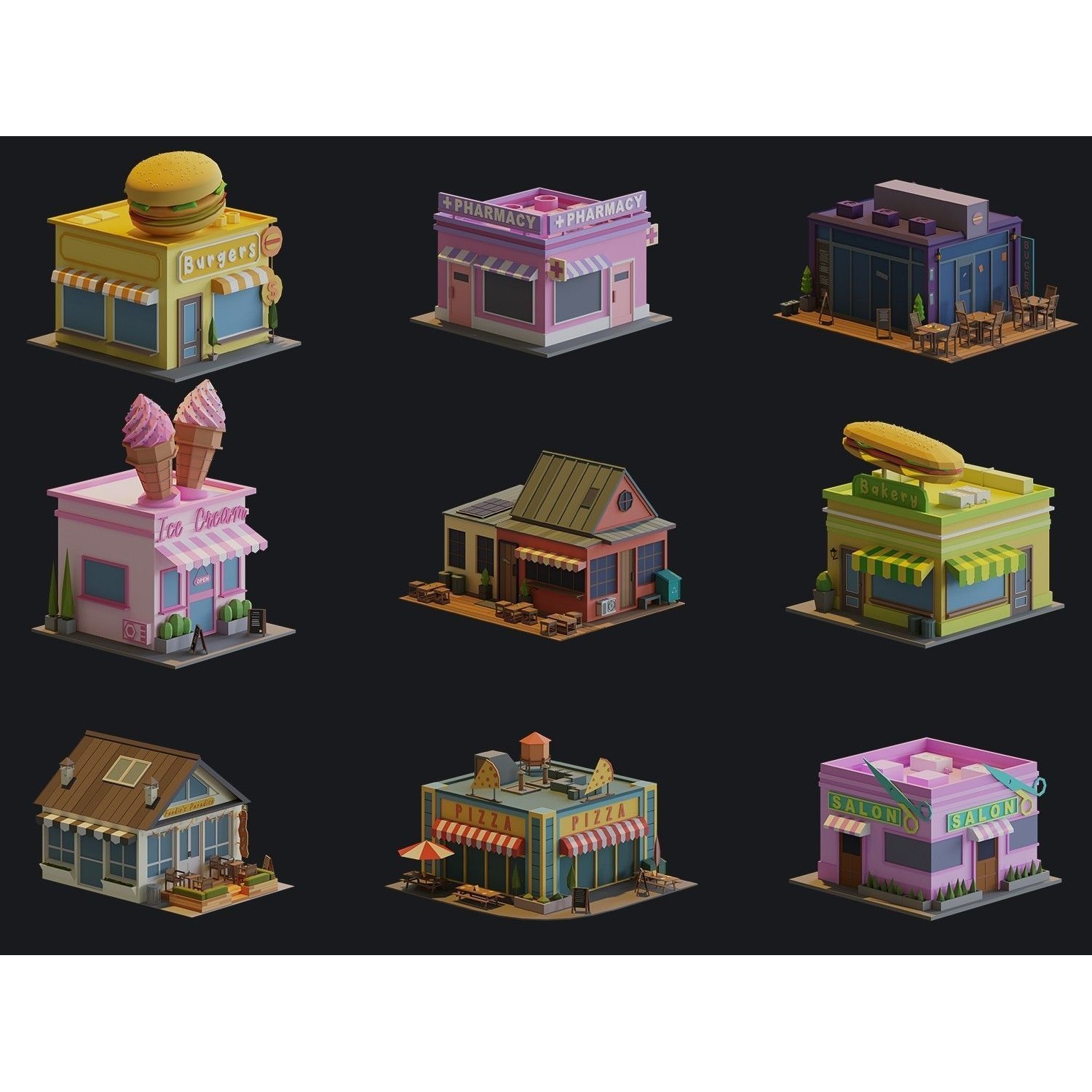 Cartoon Houses and Buildings - Low-Poly Game-Ready 3D Model - View 3