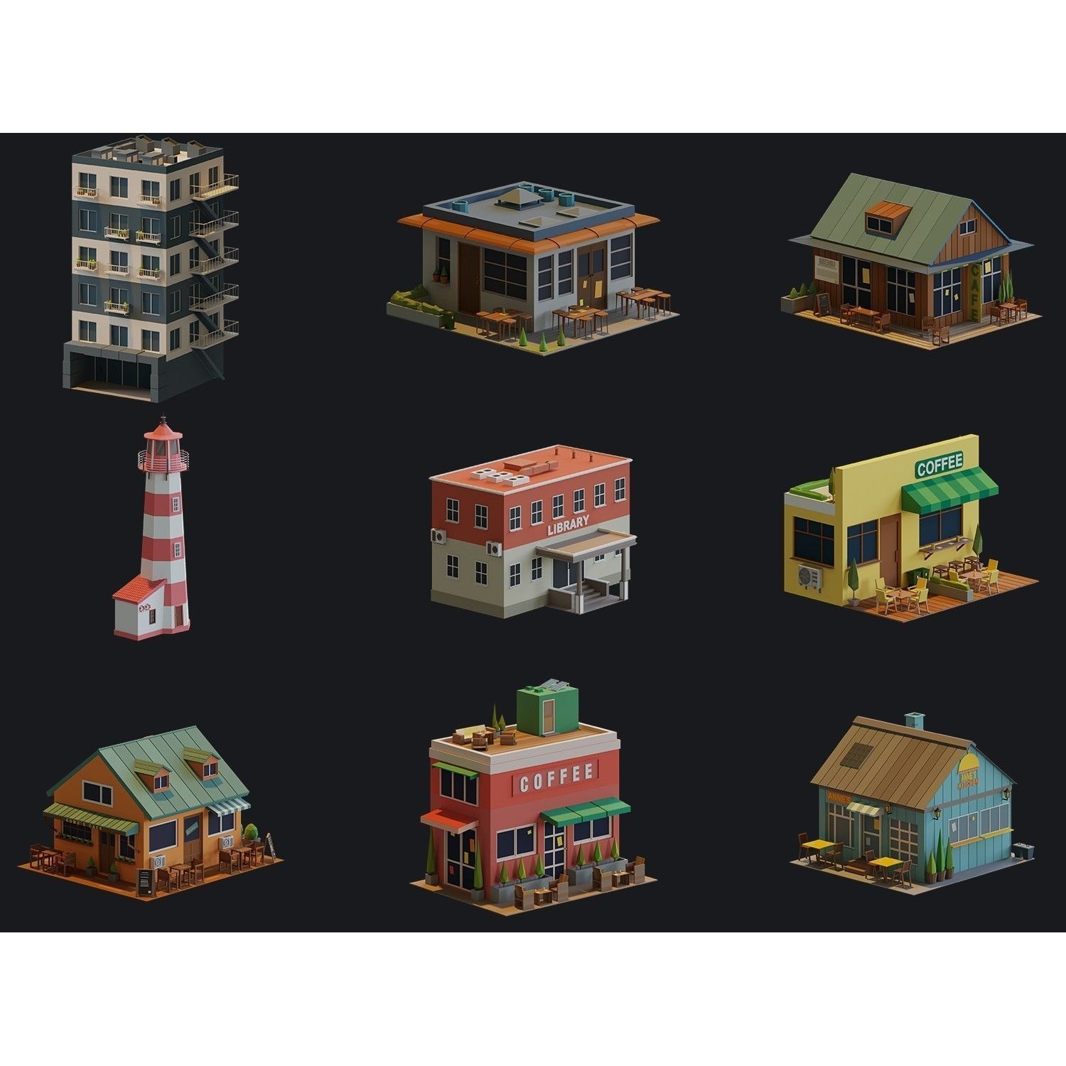 Cartoon Houses and Buildings - Low-Poly Game-Ready 3D Model - View 4