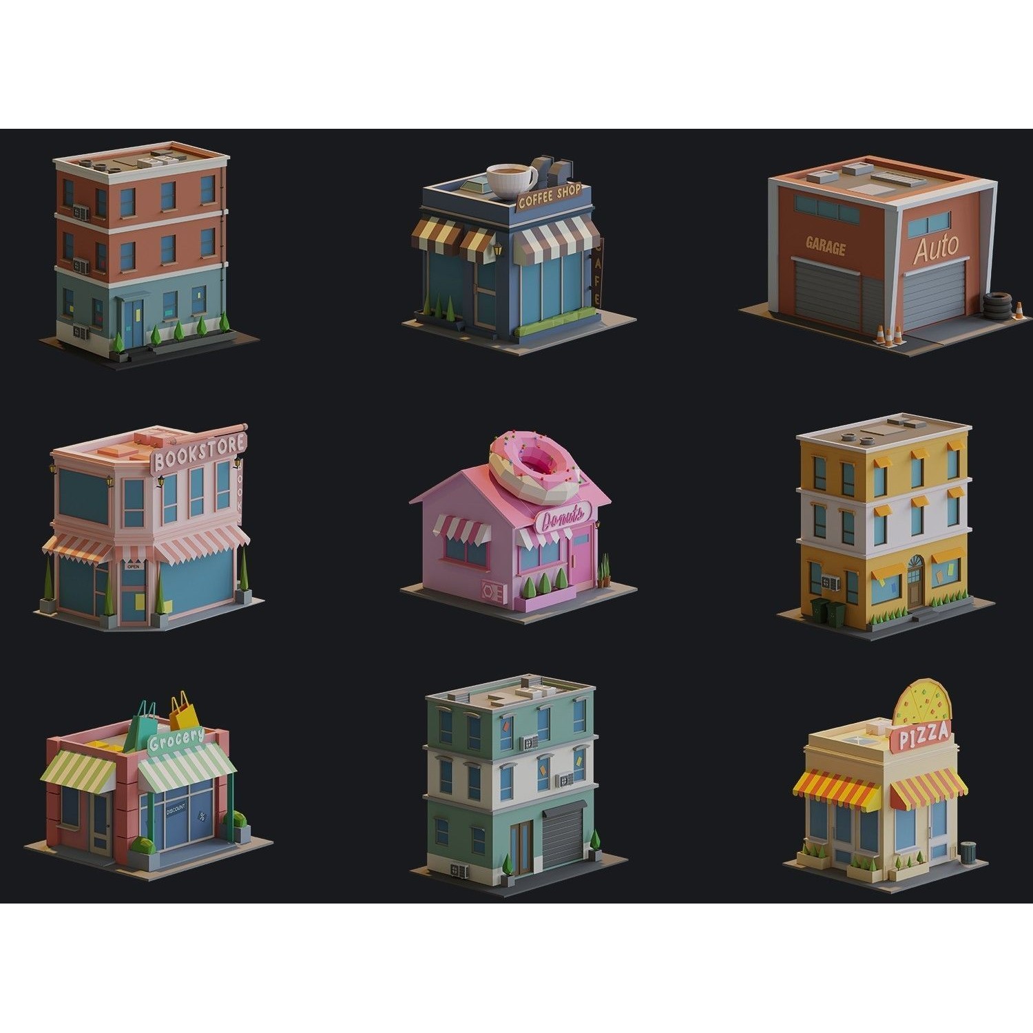 Cartoon Houses and Buildings - Low-Poly Game-Ready 3D Model - View 5