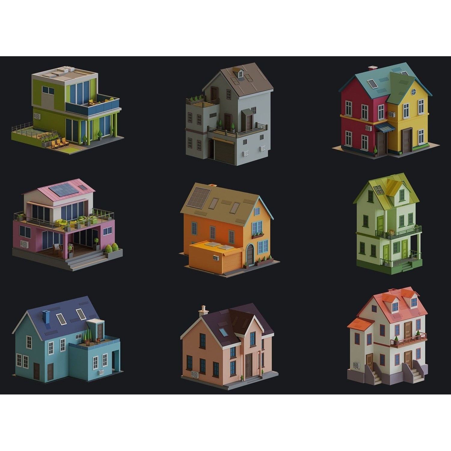 Cartoon Houses and Buildings - Low-Poly Game-Ready 3D Model - View 6
