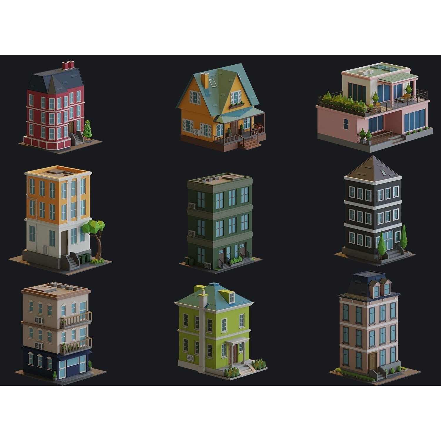 Cartoon Houses and Buildings - Low-Poly Game-Ready 3D Model - View 7
