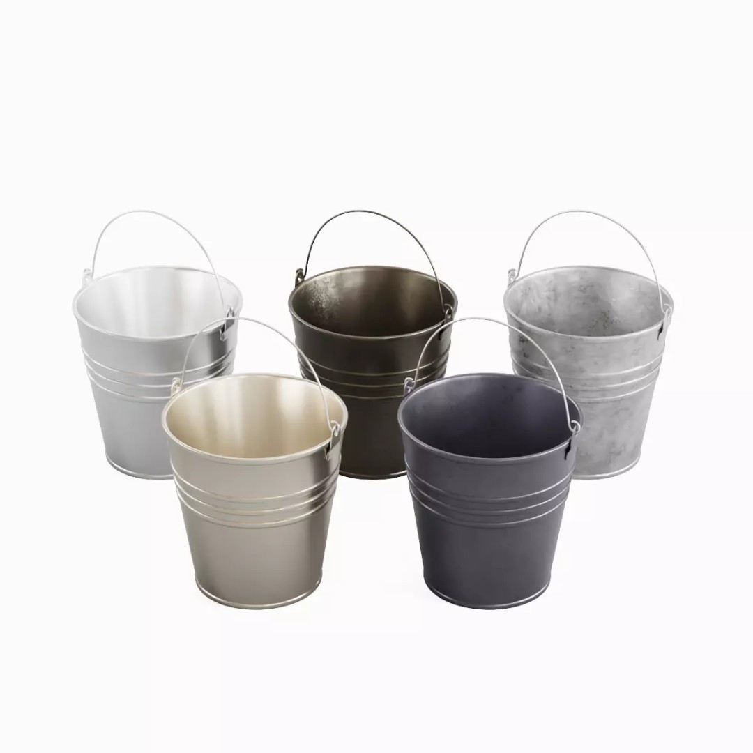 Steel Bucket Set B 3D Model – Mid Poly PBR Asset, FBX & OBJ Formats - View 2