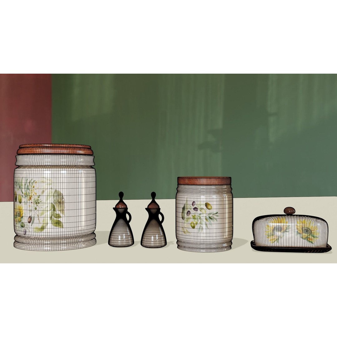 Rustic Kitchenware 3D Model – Stylish Ceramic and Wood Set, FBX