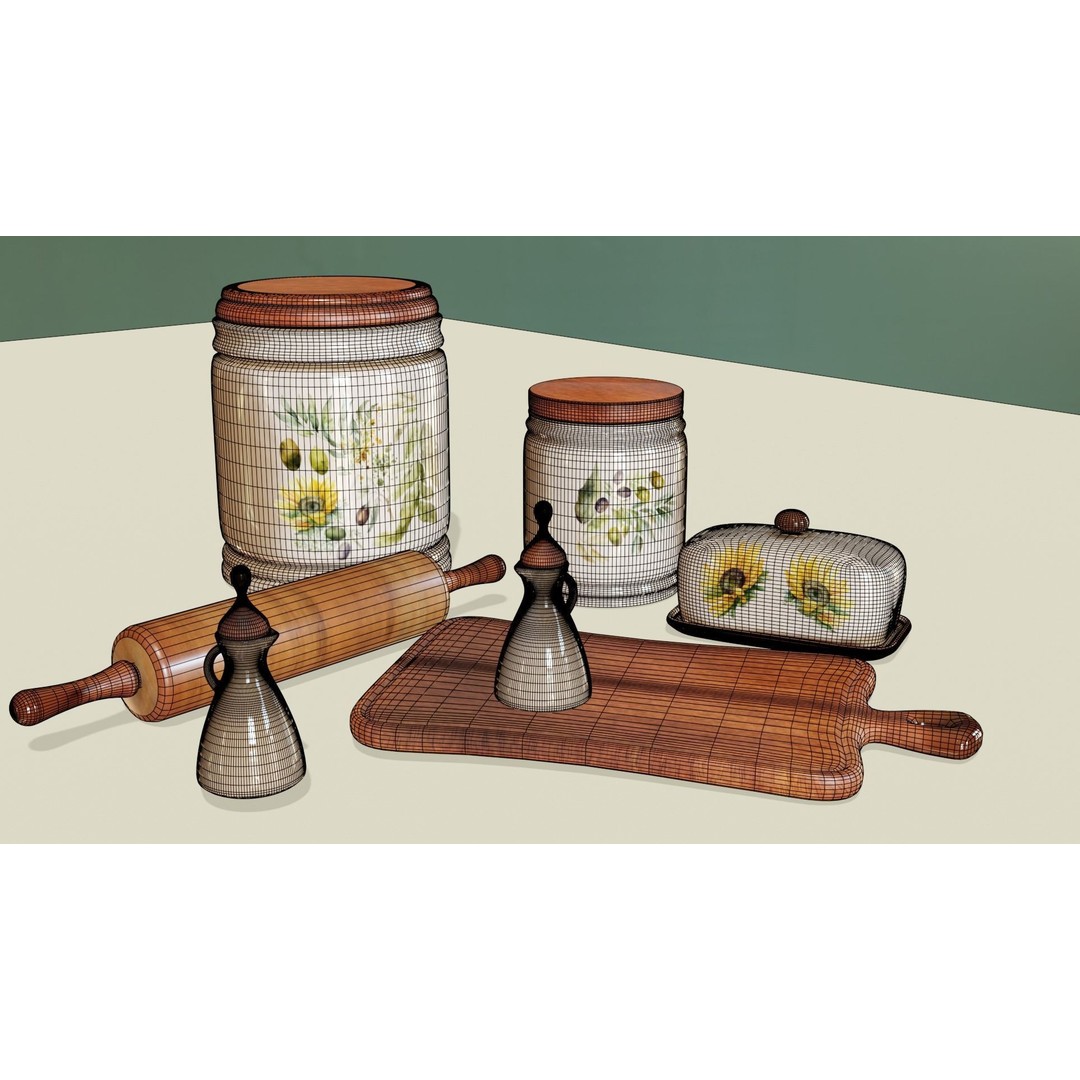 Rustic Kitchenware 3D Model – Stylish Ceramic and Wood Set, FBX - View 10