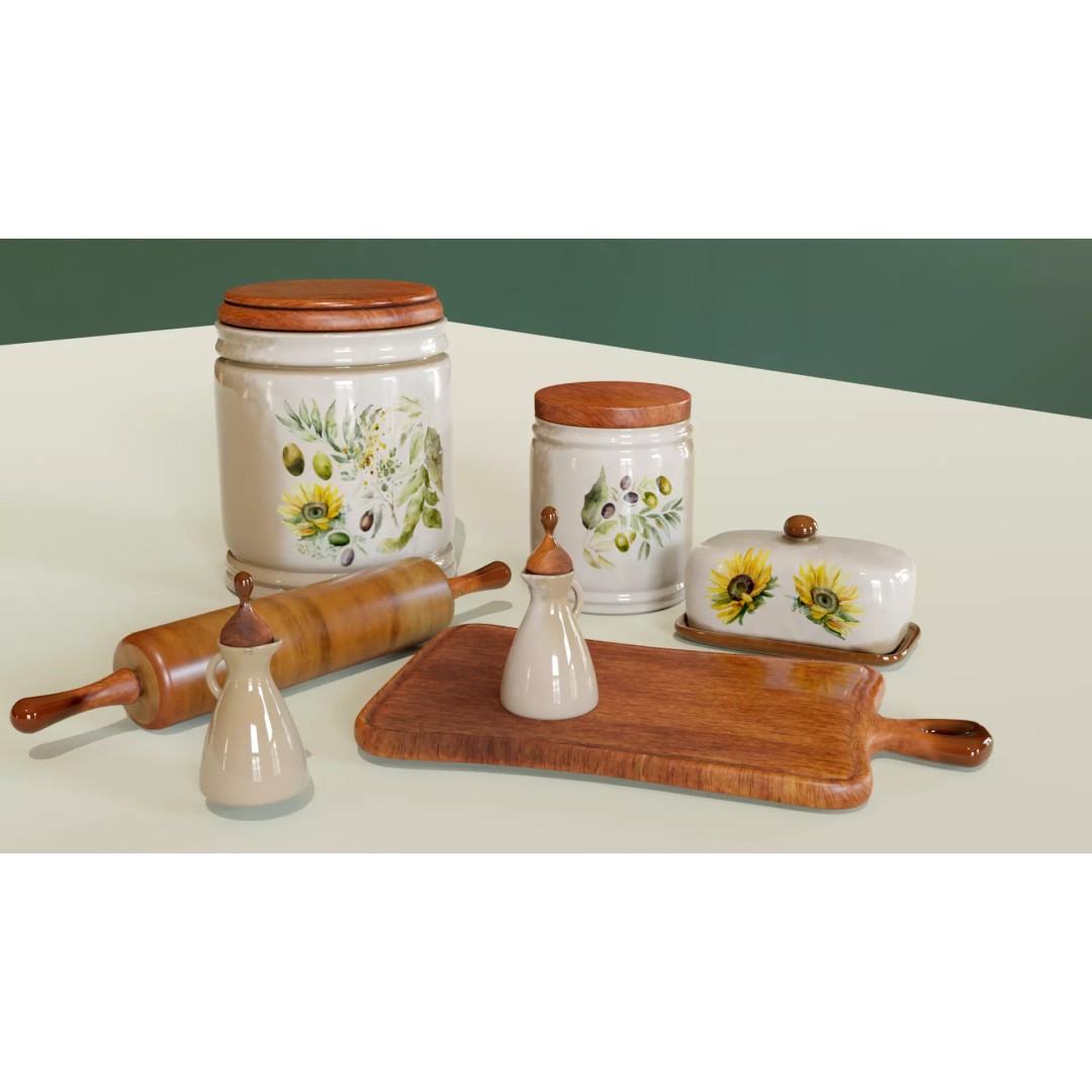 Rustic Kitchenware 3D Model – Stylish Ceramic and Wood Set, FBX - View 2
