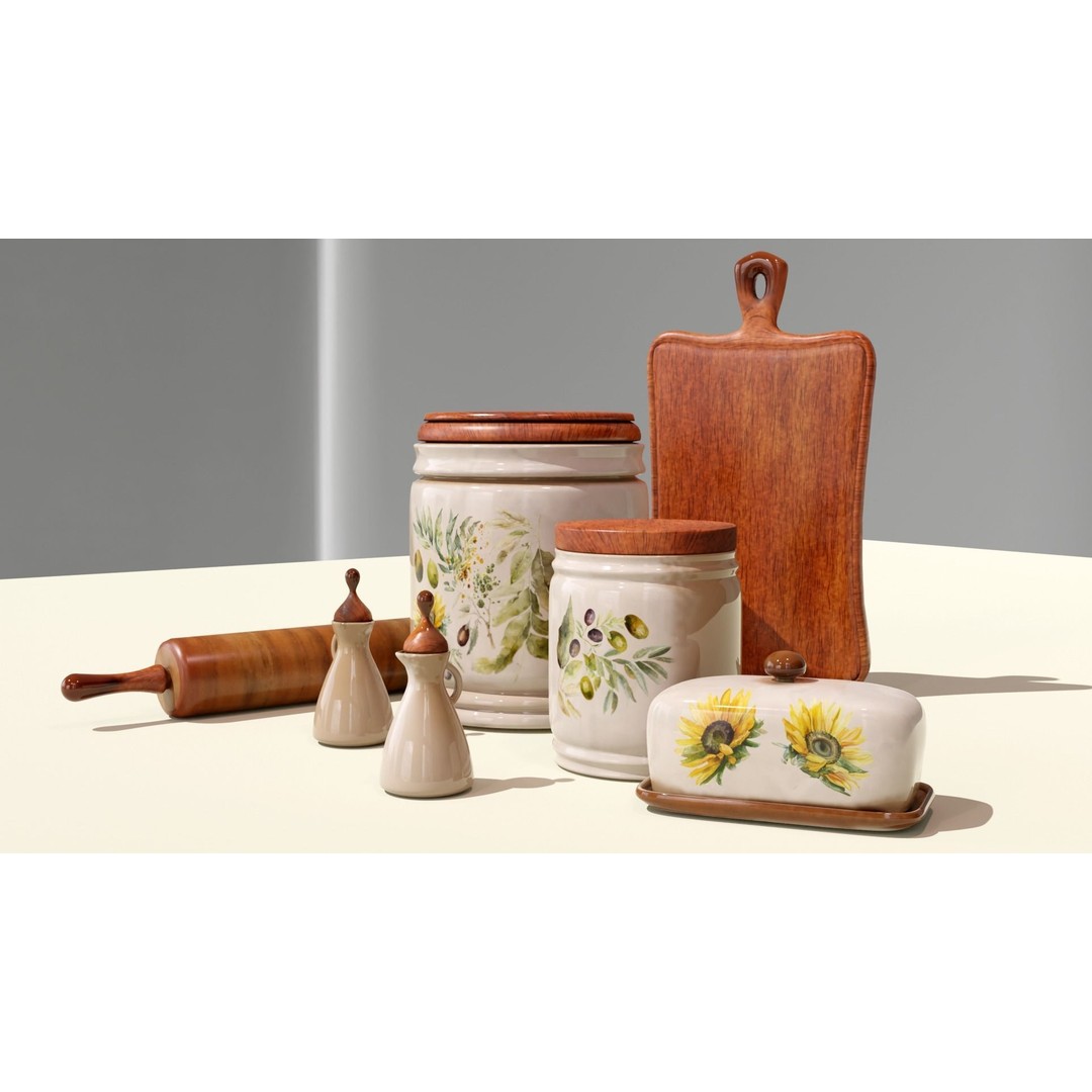 Rustic Kitchenware 3D Model – Stylish Ceramic and Wood Set, FBX - View 3