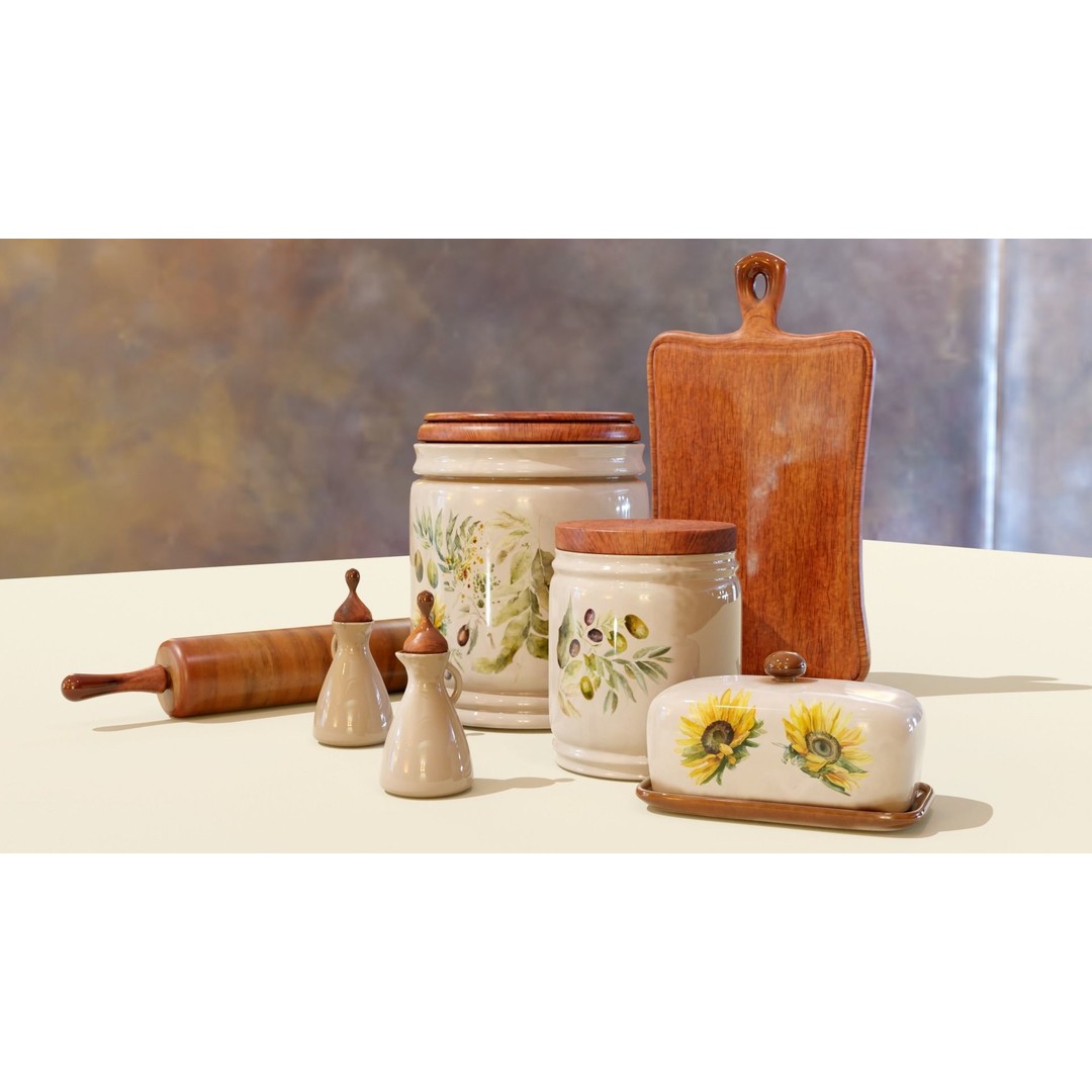 Rustic Kitchenware 3D Model – Stylish Ceramic and Wood Set, FBX - View 4