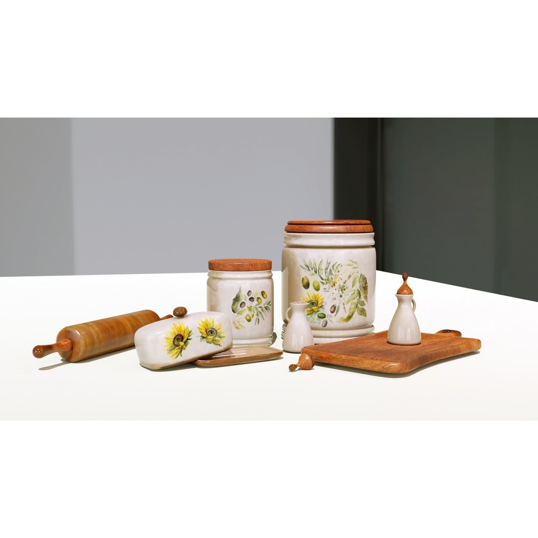 Rustic Kitchenware 3D Model – Stylish Ceramic and Wood Set, FBX - View 5
