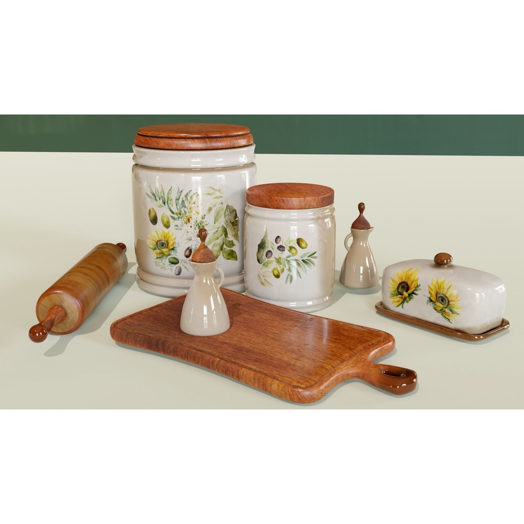 Rustic Kitchenware 3D Model – Stylish Ceramic and Wood Set, FBX - View 6
