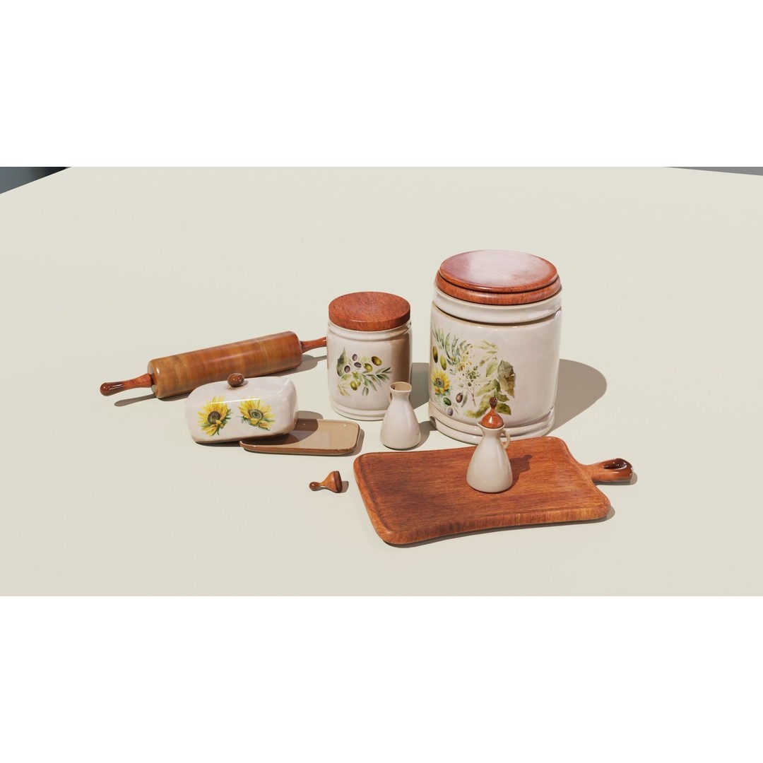 Rustic Kitchenware 3D Model – Stylish Ceramic and Wood Set, FBX - View 7
