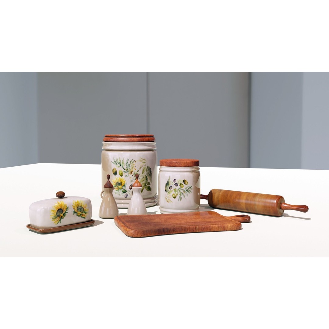 Rustic Kitchenware 3D Model – Stylish Ceramic and Wood Set, FBX - View 8