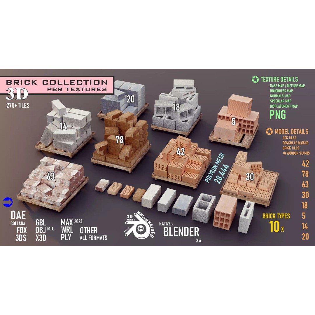 Brick Collection 3D Model – Low Poly Game Asset, PBR Textures - View 2
