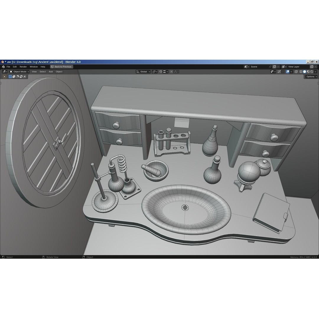 Alchemy Table 3D Model – Detailed Game Asset with Glassware, FBX