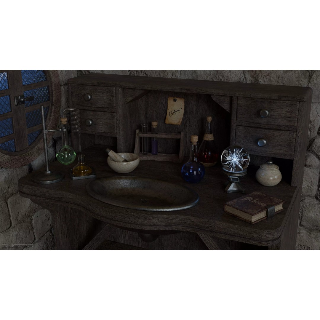 Alchemy Table 3D Model – Detailed Game Asset with Glassware, FBX - View 2