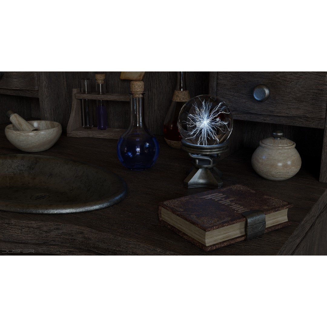 Alchemy Table 3D Model – Detailed Game Asset with Glassware, FBX - View 3
