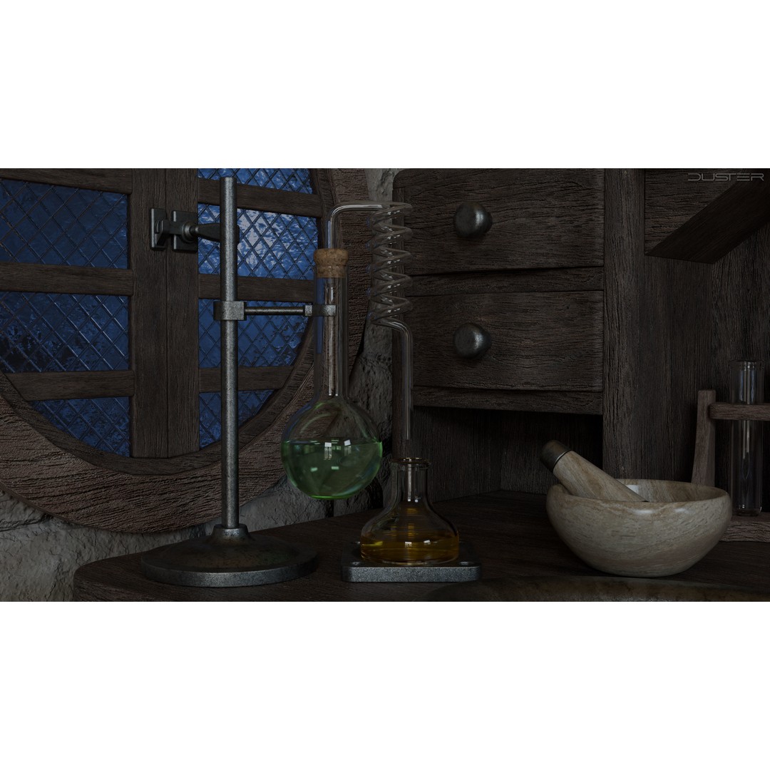 Alchemy Table 3D Model – Detailed Game Asset with Glassware, FBX - View 4
