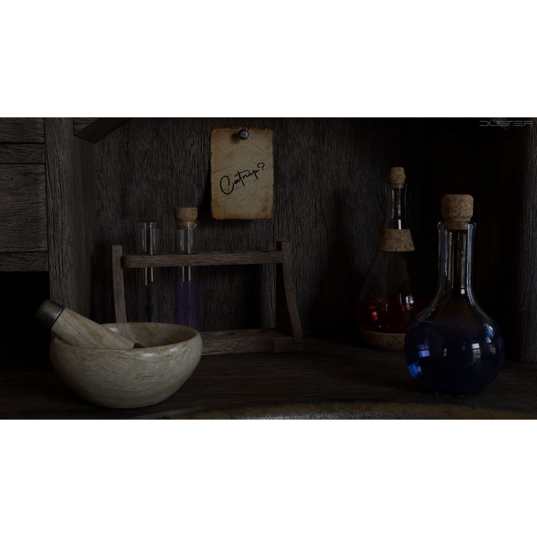 Alchemy Table 3D Model – Detailed Game Asset with Glassware, FBX - View 5