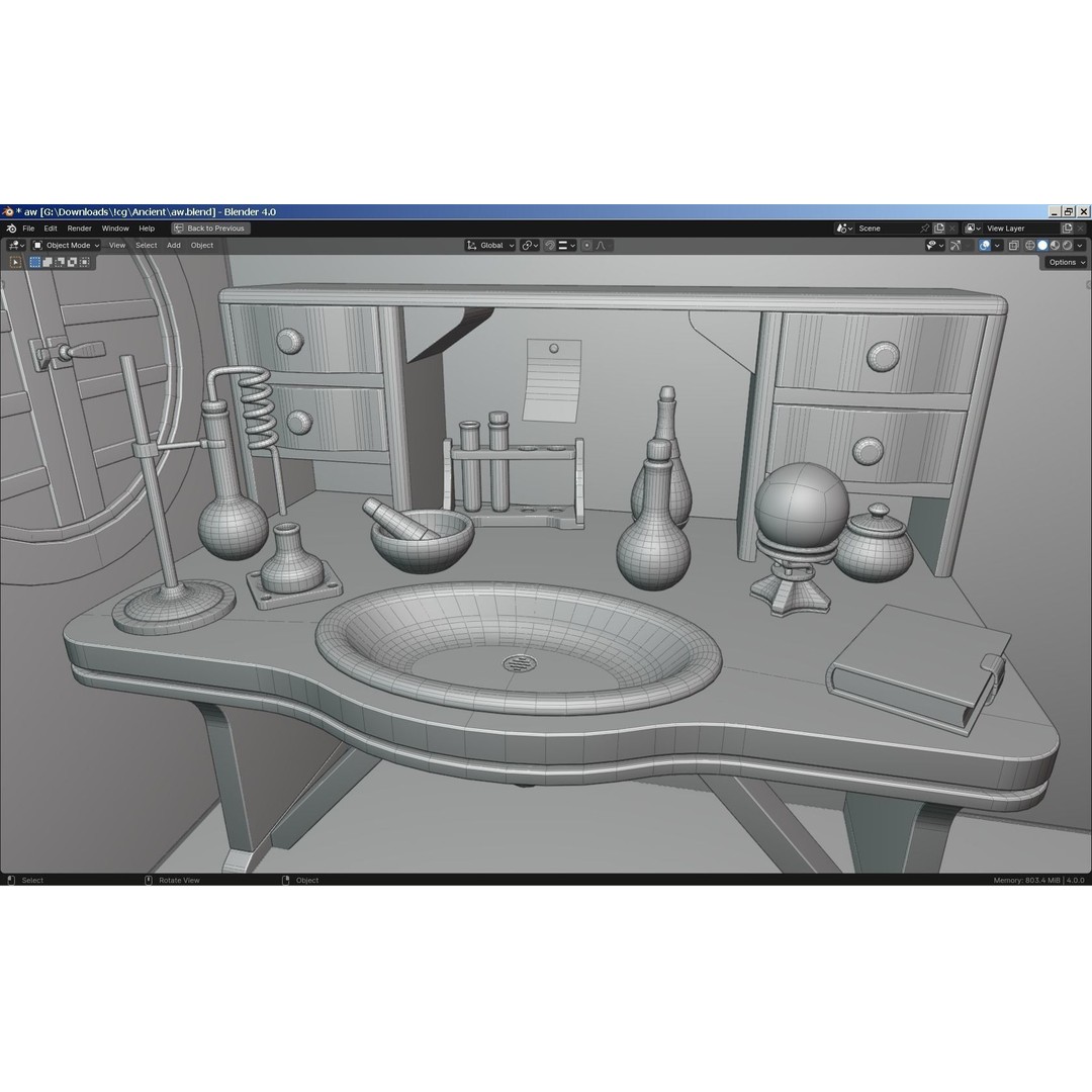 Alchemy Table 3D Model – Detailed Game Asset with Glassware, FBX - View 6