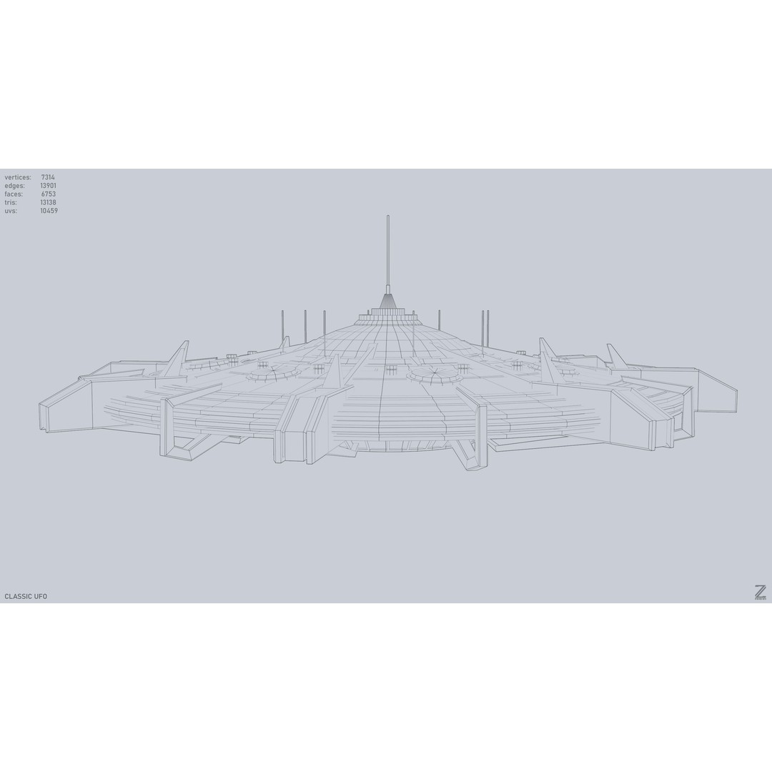 Classic UFO 3D Model – Low Poly Sci-Fi Vehicle, FBX & OBJ Formats - View 12