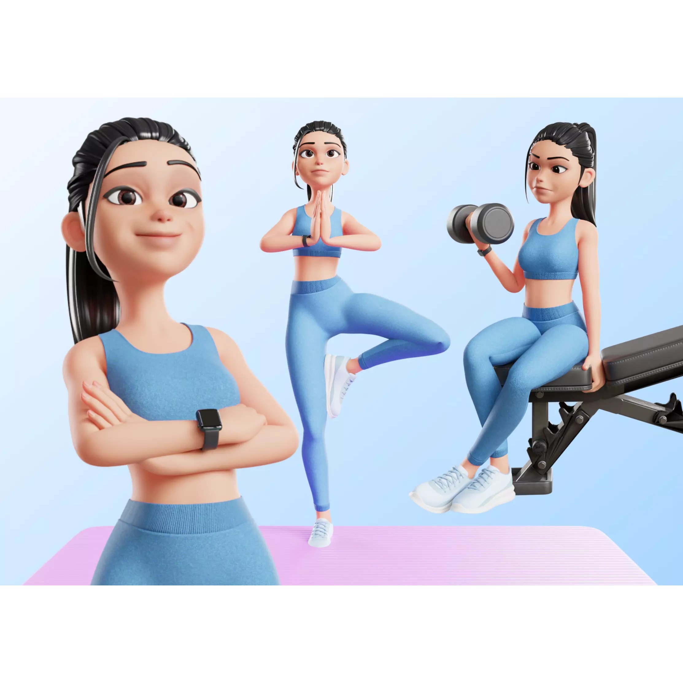 Cartoon Sports Gym Fitness Girl - Low-Poly Game-Ready 3D Model - View 2