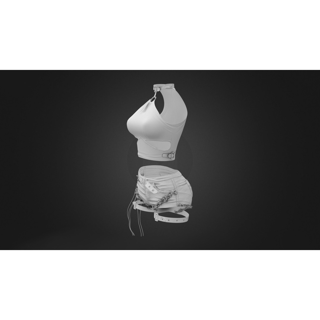Ripped Denim Shorts 3D Model – Low Poly Chick Outfit, FBX - View 12