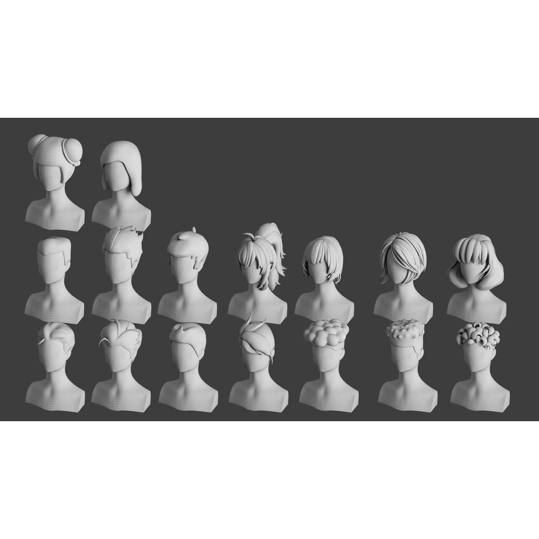Stylised Hair Bundle 3D Model – Cartoon Hair Styles, FBX, OBJ