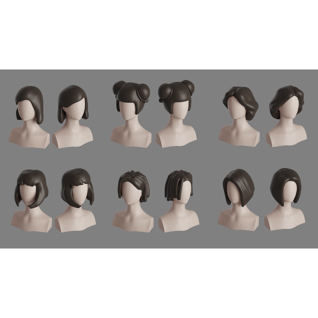 Stylised Hair Bundle 3D Model – Cartoon Hair Styles, FBX, OBJ - View 10