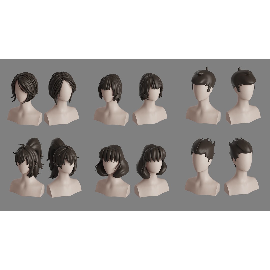 Stylised Hair Bundle 3D Model – Cartoon Hair Styles, FBX, OBJ - View 11