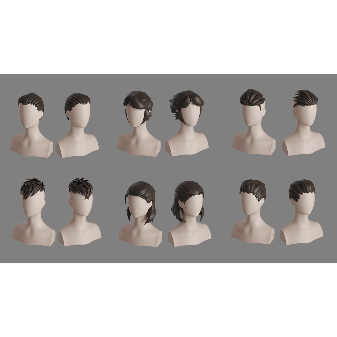 Stylised Hair Bundle 3D Model – Cartoon Hair Styles, FBX, OBJ - View 14