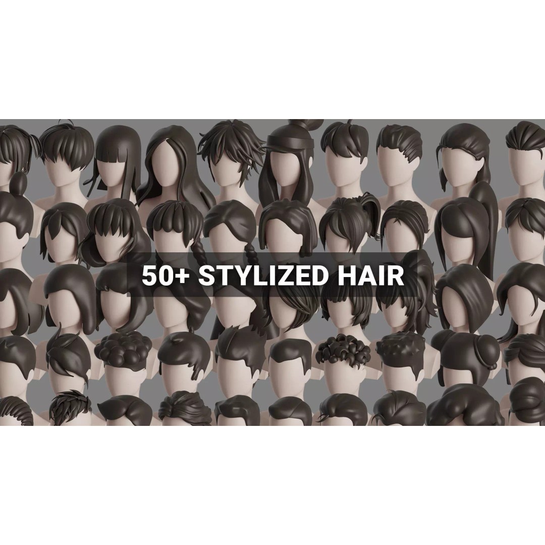 Stylised Hair Bundle 3D Model – Cartoon Hair Styles, FBX, OBJ - View 2
