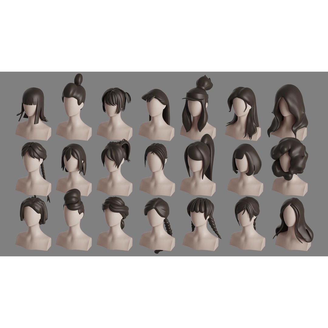 Stylised Hair Bundle 3D Model – Cartoon Hair Styles, FBX, OBJ - View 3
