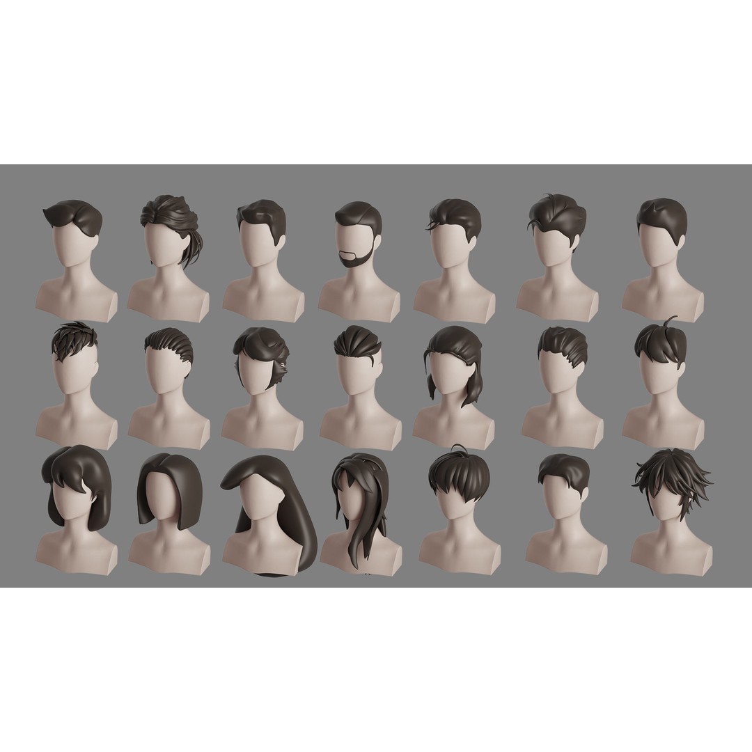 Stylised Hair Bundle 3D Model – Cartoon Hair Styles, FBX, OBJ - View 4
