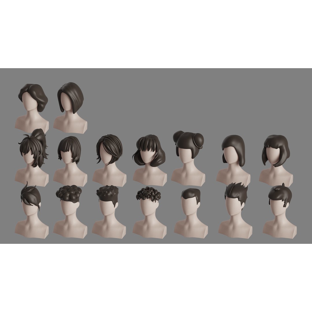 Stylised Hair Bundle 3D Model – Cartoon Hair Styles, FBX, OBJ - View 5