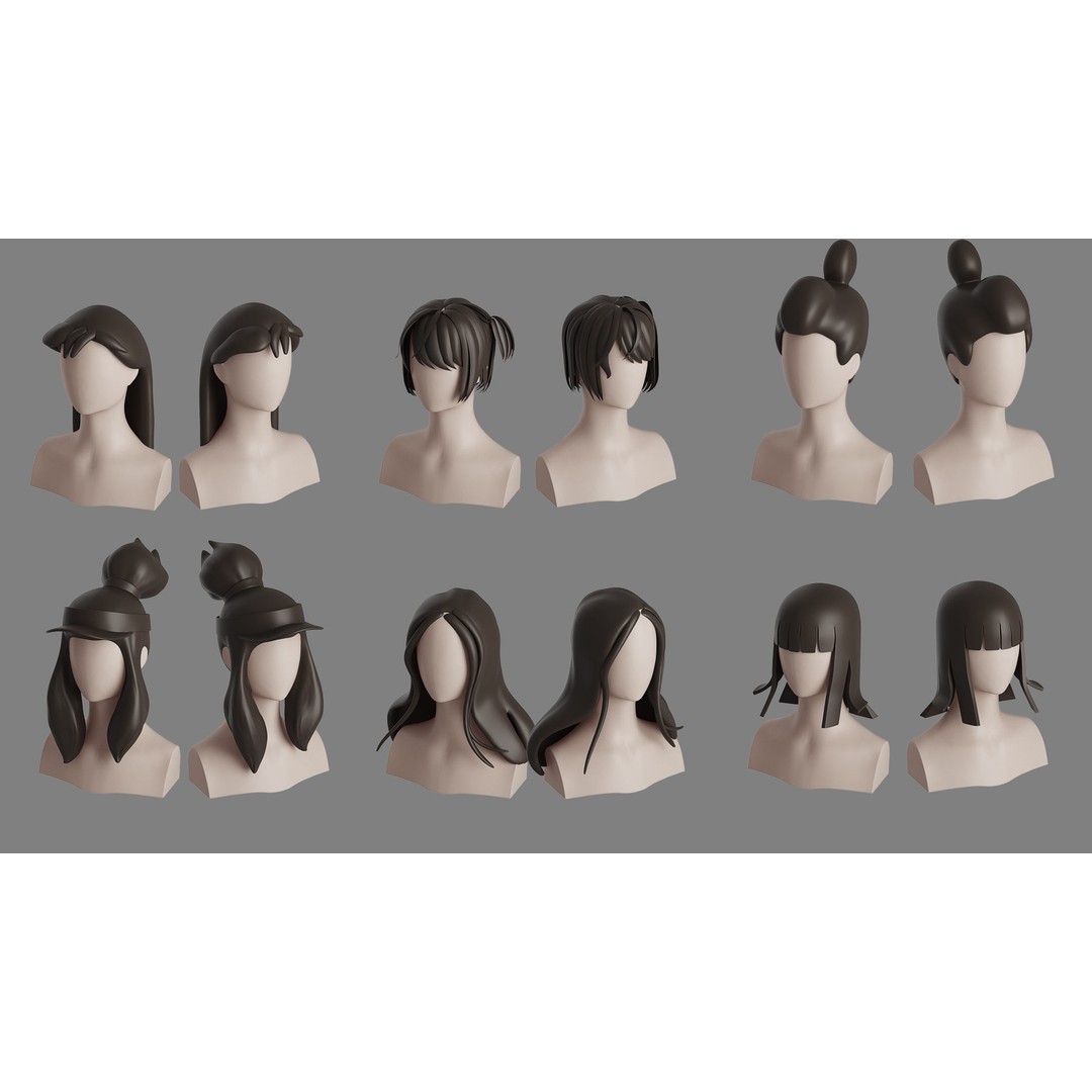 Stylised Hair Bundle 3D Model – Cartoon Hair Styles, FBX, OBJ - View 6