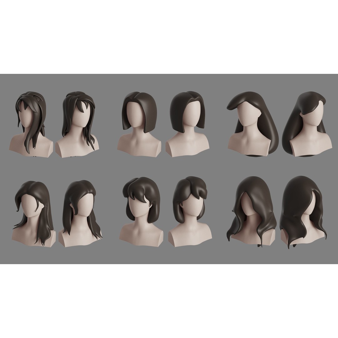 Stylised Hair Bundle 3D Model – Cartoon Hair Styles, FBX, OBJ - View 7