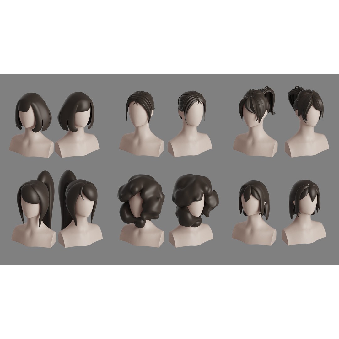 Stylised Hair Bundle 3D Model – Cartoon Hair Styles, FBX, OBJ - View 8