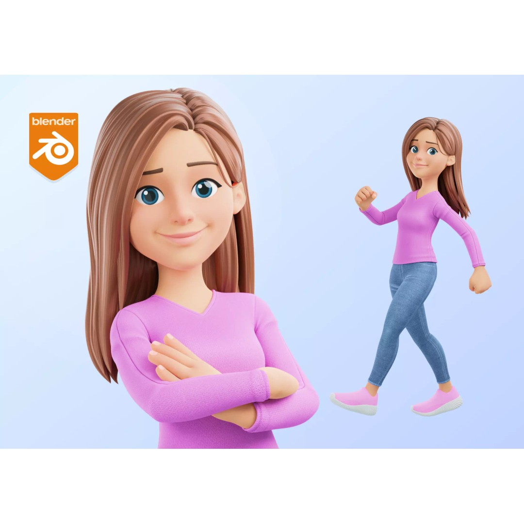Cartoon Woman 3D Model – Rigged Low-Poly Character for Animation - View 2