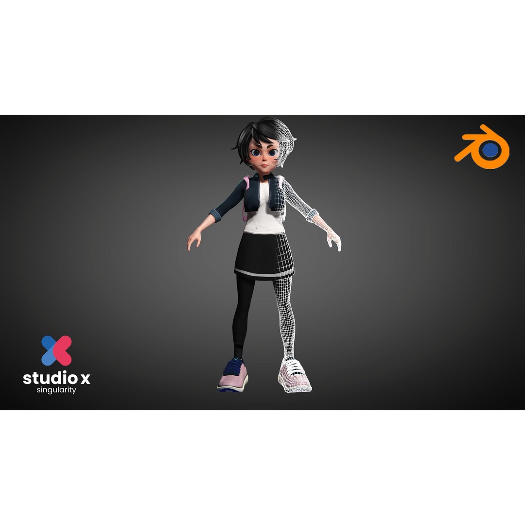 Cartoon Teen Girl 3D Model – Rigged Low Poly Character for Animation, FBX
