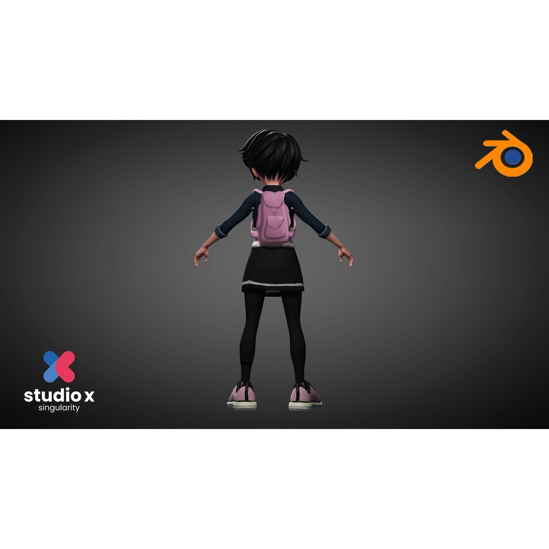 Cartoon Teen Girl 3D Model – Rigged Low Poly Character for Animation, FBX - View 7