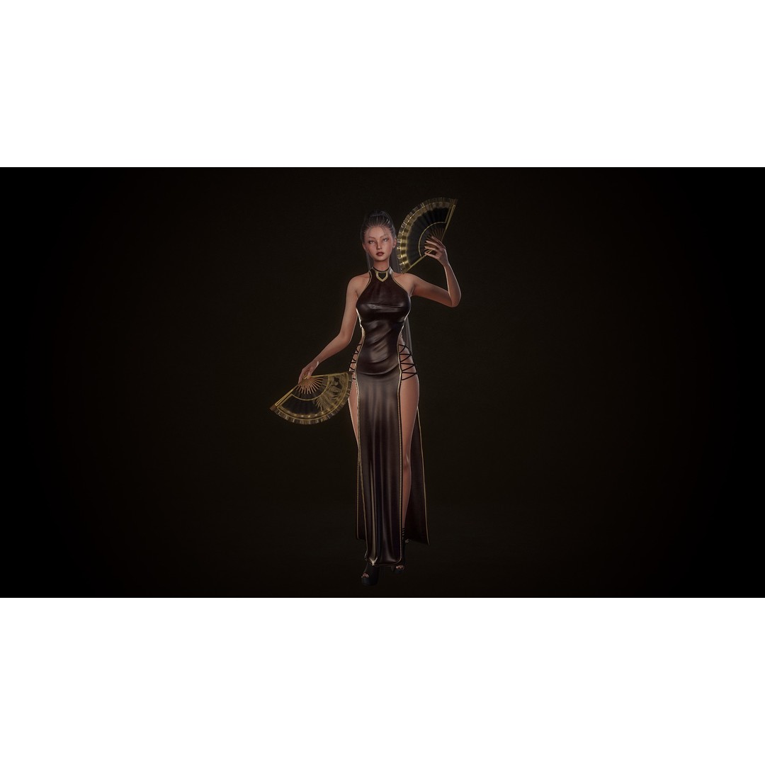 Lady With Fans 3D Model – Low Poly Rigged Character for Unity & UE5 - View 11