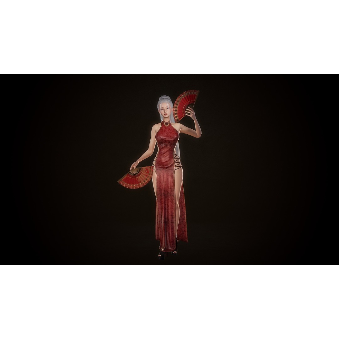 Lady With Fans 3D Model – Low Poly Rigged Character for Unity & UE5 - View 13