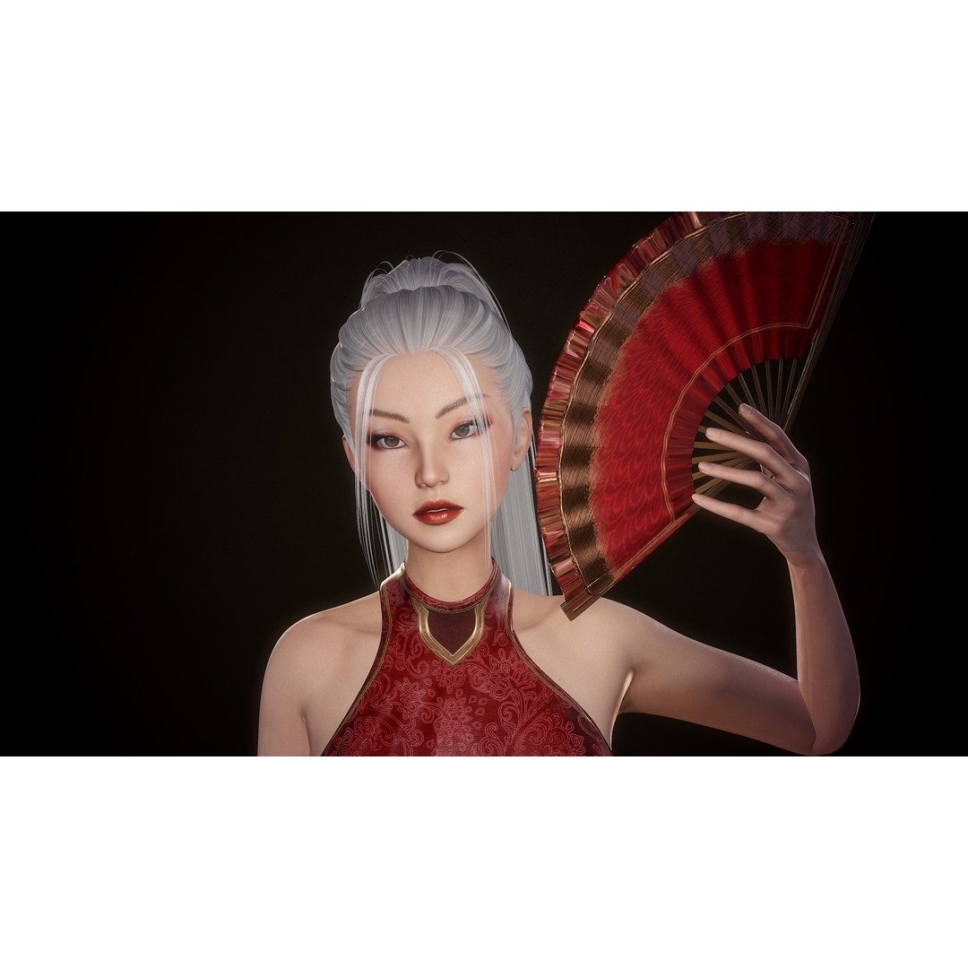 Lady With Fans 3D Model – Low Poly Rigged Character for Unity & UE5 - View 14