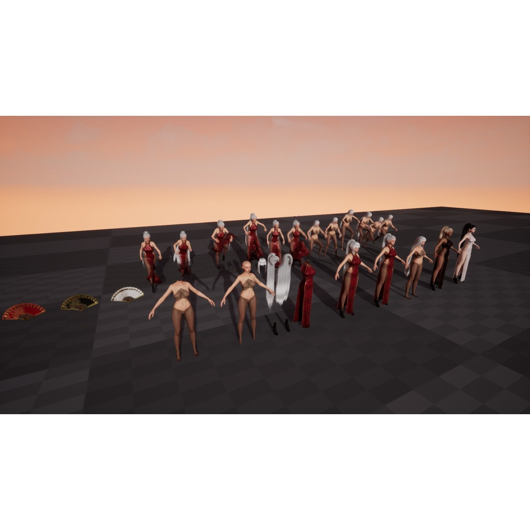 Lady With Fans 3D Model – Low Poly Rigged Character for Unity & UE5 - View 16