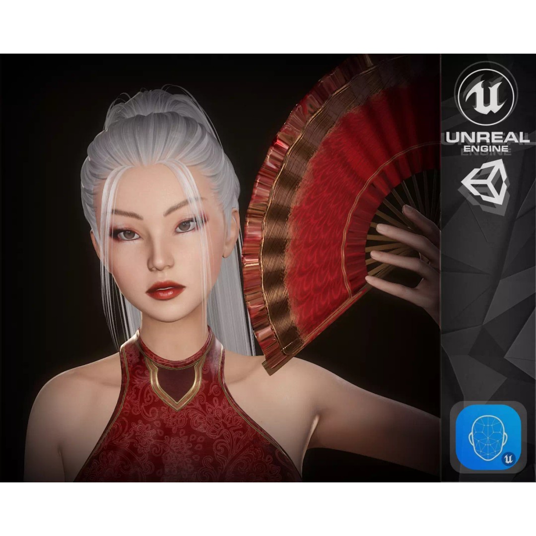 Lady With Fans 3D Model – Low Poly Rigged Character for Unity & UE5 - View 2