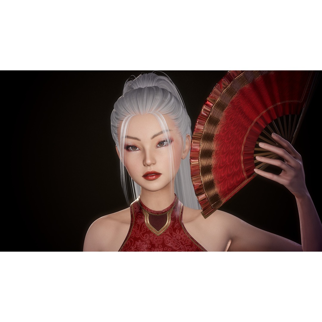 Lady With Fans 3D Model – Low Poly Rigged Character for Unity & UE5 - View 3