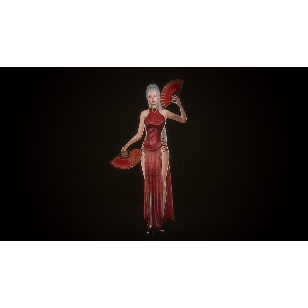 Lady With Fans 3D Model – Low Poly Rigged Character for Unity & UE5 - View 4