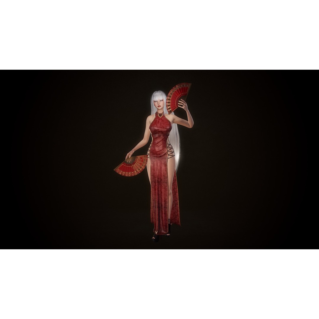 Lady With Fans 3D Model – Low Poly Rigged Character for Unity & UE5 - View 5